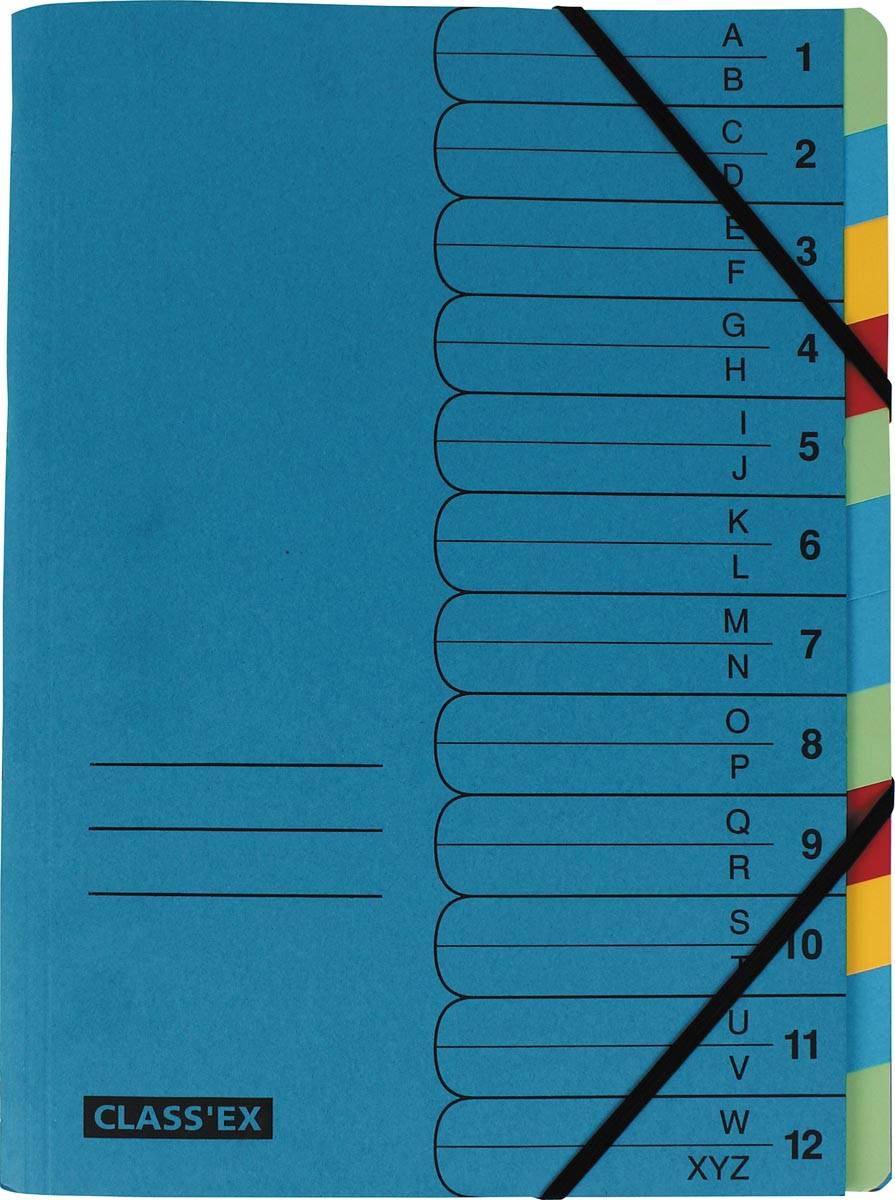 Class'ex sorteermap A-Z en 1-12, blauw met 12 tabs in geassorteerde kleuren