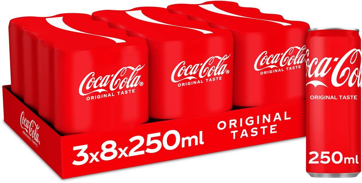 Coca-Cola frisdrank, sleek blik van 25 cl, pak van 24 stuks