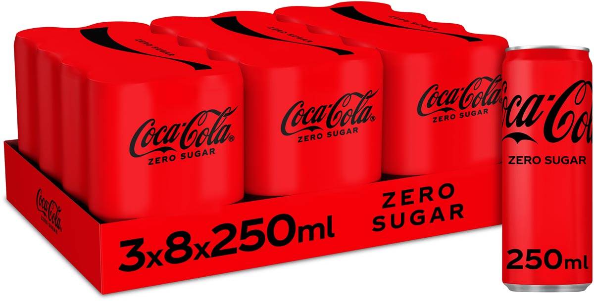 Coca-Cola Zero frisdrank, sleek blik van 25 cl, pak van 24 stuks