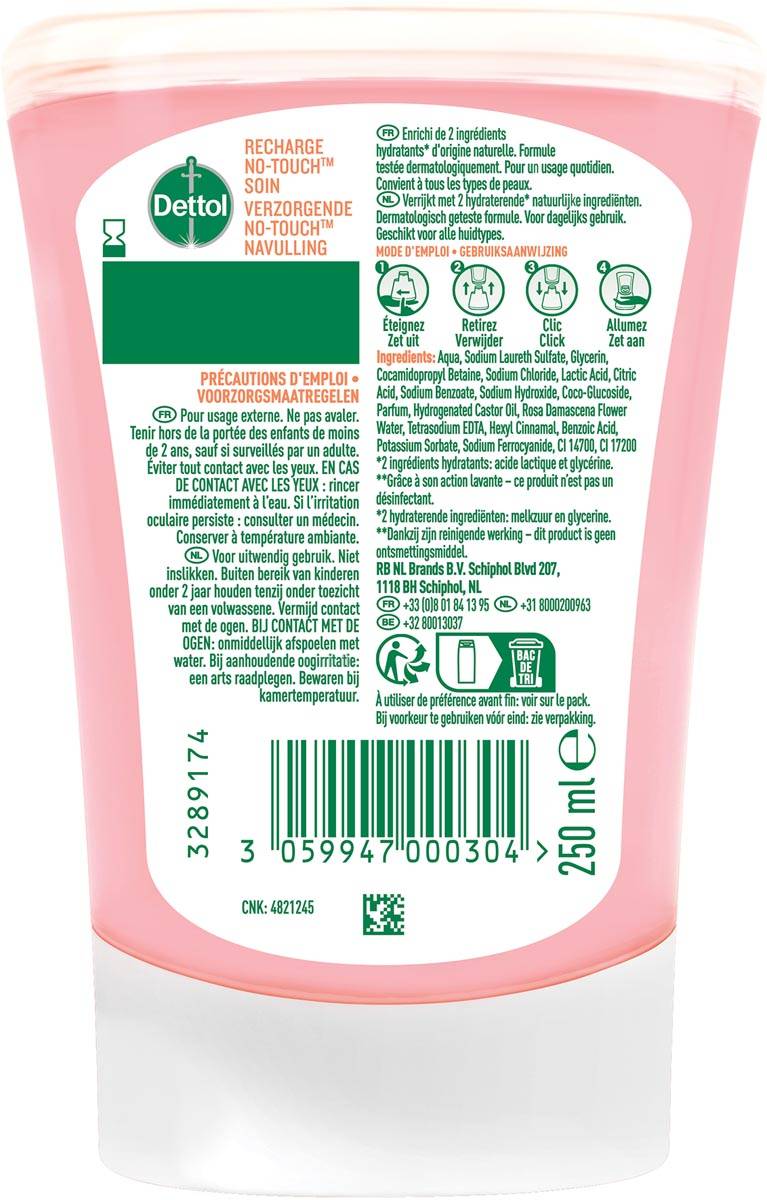 Dettol no touch handzeep Nourish, rozenwater en sheaboter, navulling van 250 ml