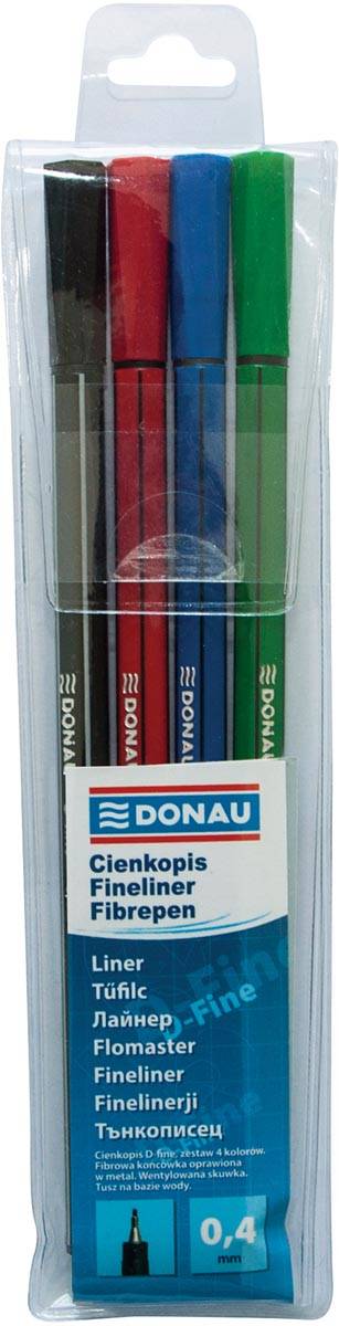 DONAU D-fine fineliner, 0,4 mm, etui van 4 stuks, geassorteerde kleuren