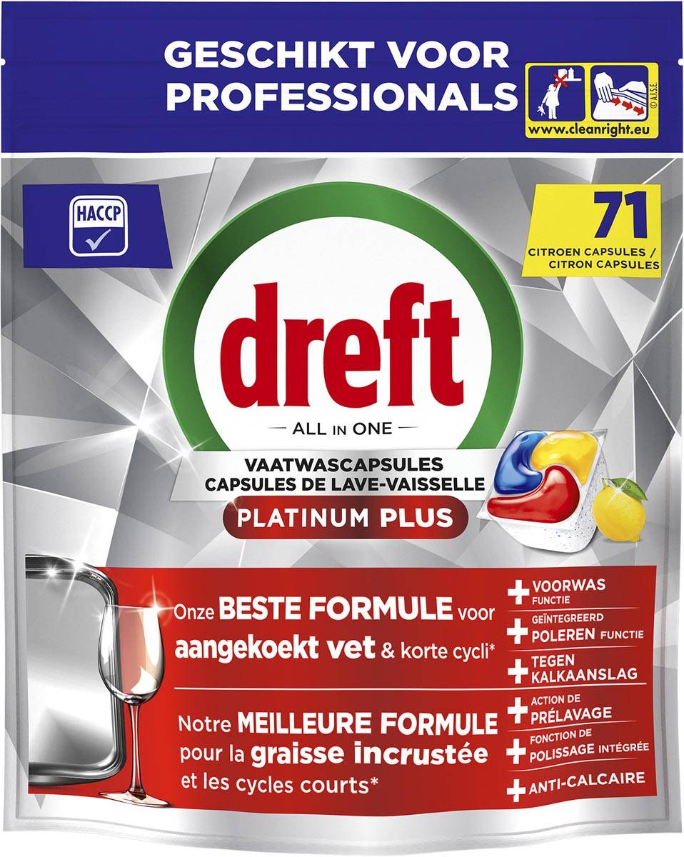 Dreft Pro Platinum Plus vaatwastabletten, Lemon, pak van 71 capsules