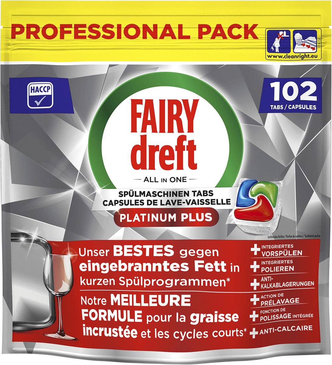 Dreft Pro Platinum Plus vaatwastabletten, Regular, pak van 102 capsules