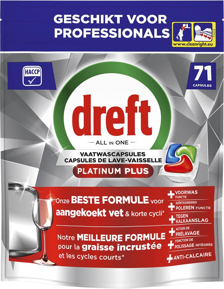 Dreft Pro Platinum Plus vaatwastabletten, Regular, pak van 71 capsules