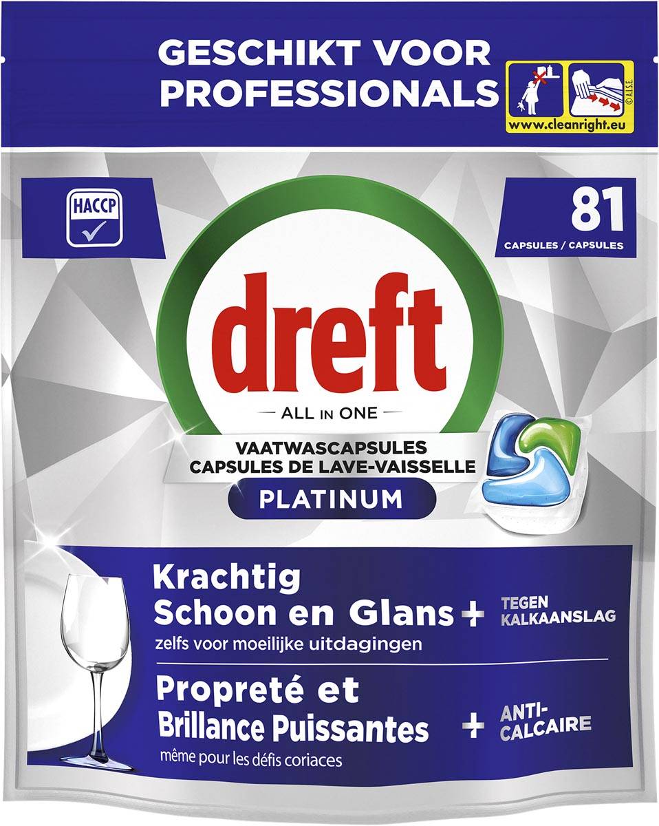 Dreft Pro Platinum vaatwastabletten, Regular, pak van 81 capsules