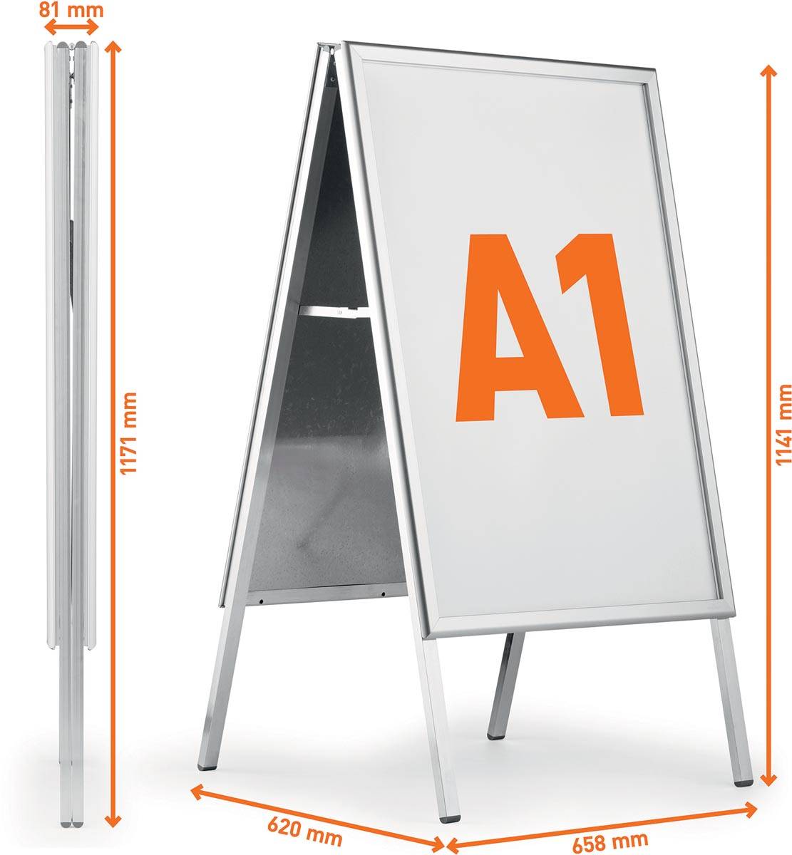 Durable stoepbord Fold, uit aluminium, zilver, ft A1