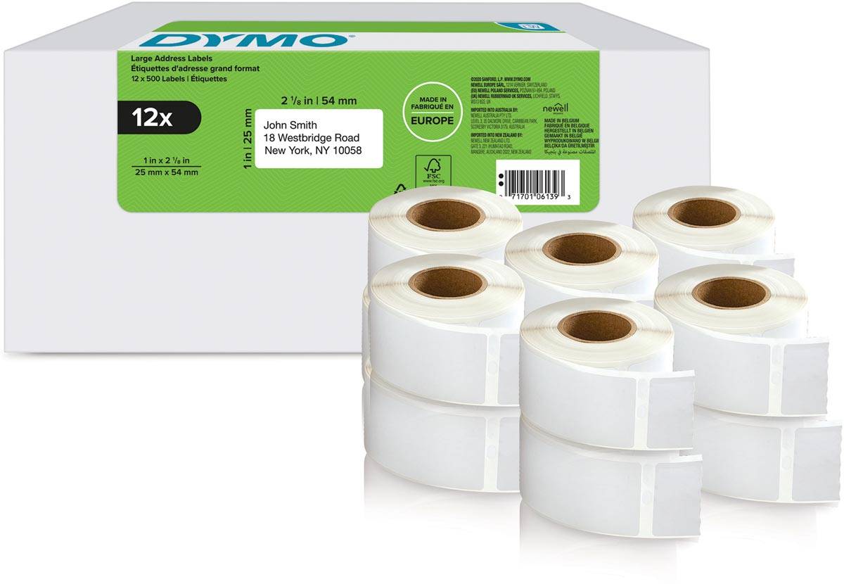 Dymo etiketten LabelWriter ft 25 x 54 mm, wit, doos van 12 x 500 etiketten