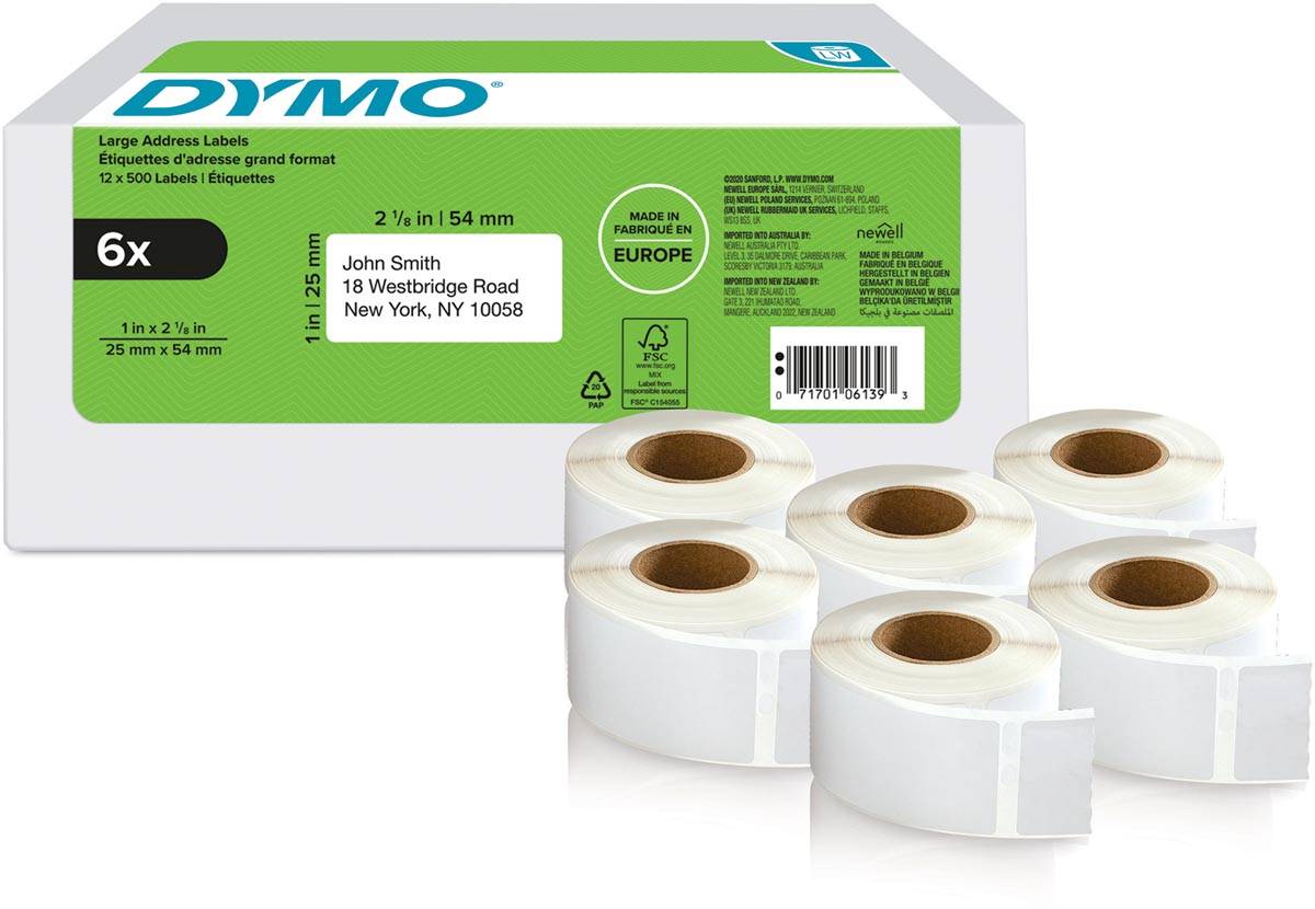 Dymo etiketten LabelWriter ft 25 x 54 mm, wit, doos van 6 x 500 etiketten
