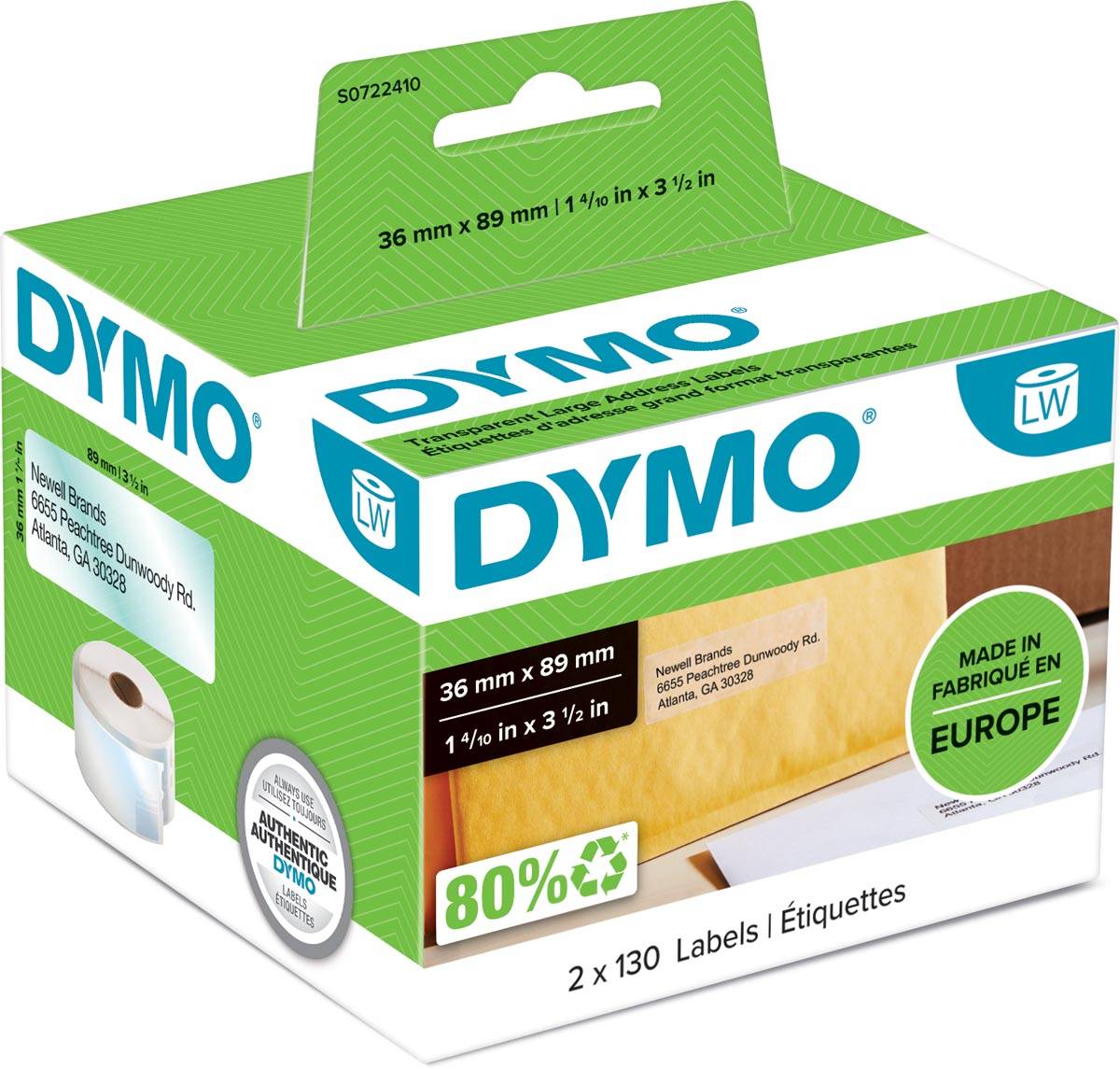 Dymo etiketten LabelWriter ft 89 x 36 mm, transparant, 260 etiketten