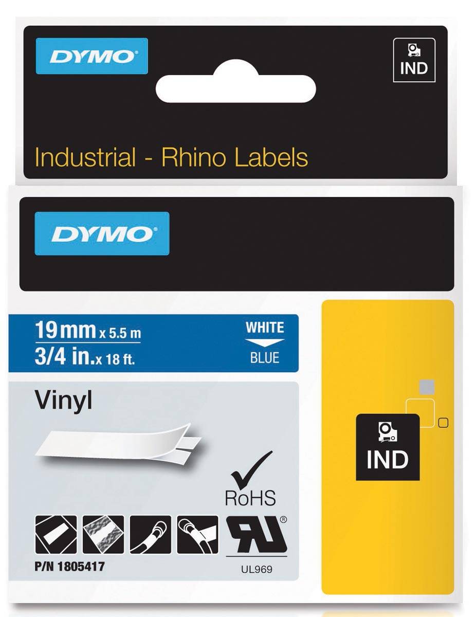 Dymo RHINO vinyltape 19 mm, wit op blauw