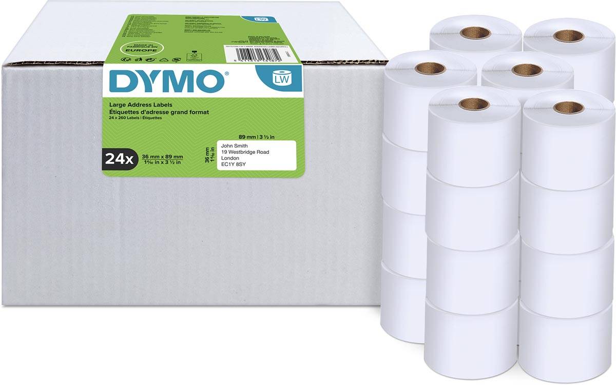 Dymo Value Pack: etiketten LabelWriter ft 89 x 36 mm, wit, doos van 24 x 260 etiketten