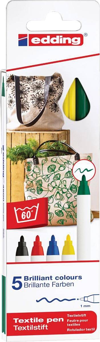 Edding textielstift 4600, set van 5 stuks in geassorteerde basiskleuren