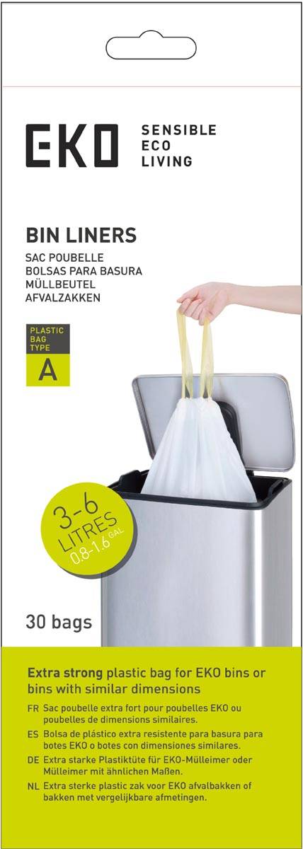 Eko vuilniszakken met trekbandsluiting, 3-6 liter, wit,  1 rol, 30 zakken