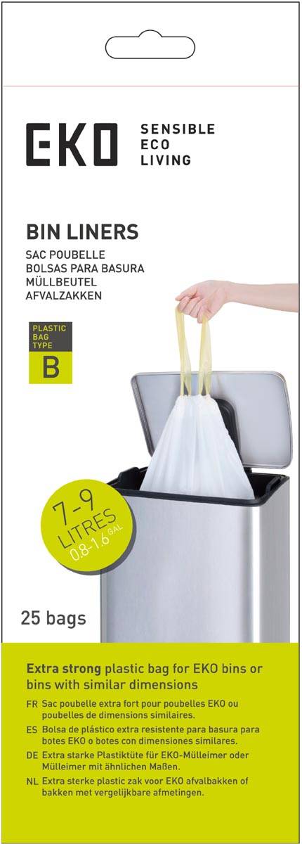 Eko vuilniszakken met trekbandsluiting, 7-9 liter, wit,  1 rol, 25 zakken