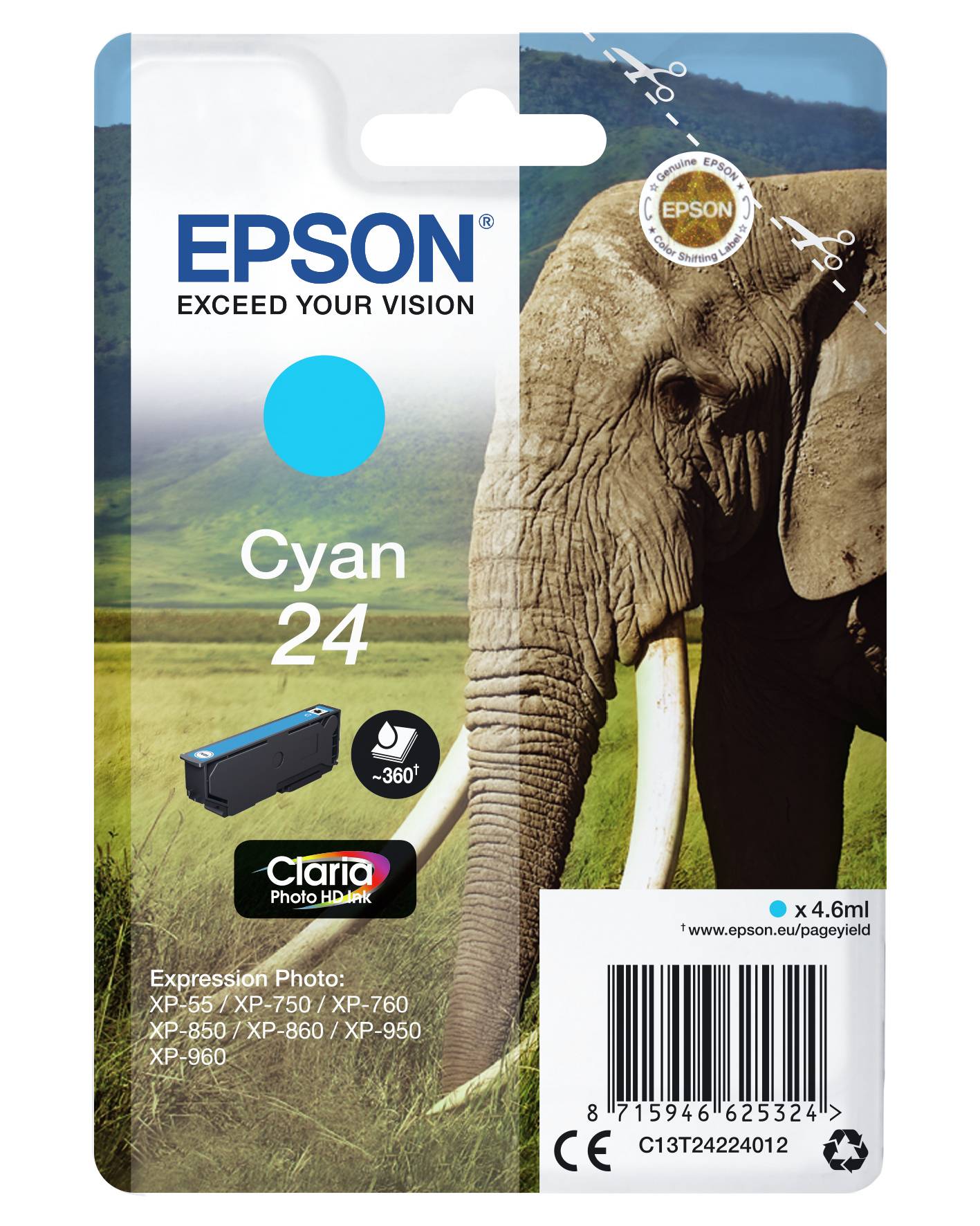 Epson Elephant Singlepack Cyan 24 Claria Photo HD Ink