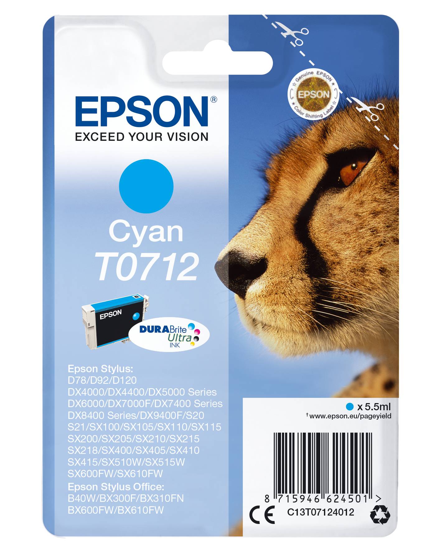 Epson Cheetah Singlepack Cyan T0712 DURABrite Ultra Ink