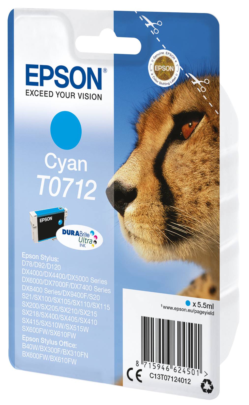 Epson Cheetah Singlepack Cyan T0712 DURABrite Ultra Ink