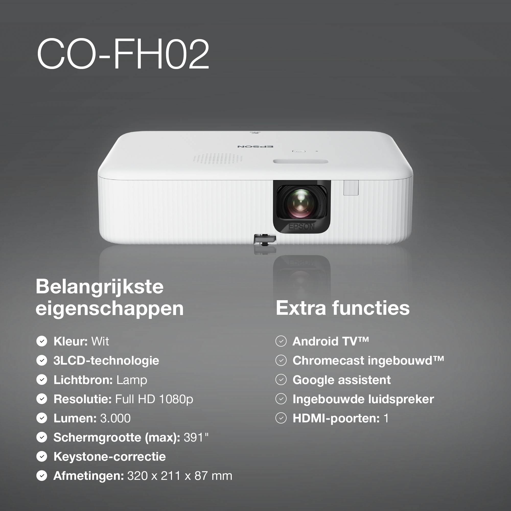 Epson CO-FH02 Smart Full HD-projector, 3000 lumen, scherm van maximaal 391 inch