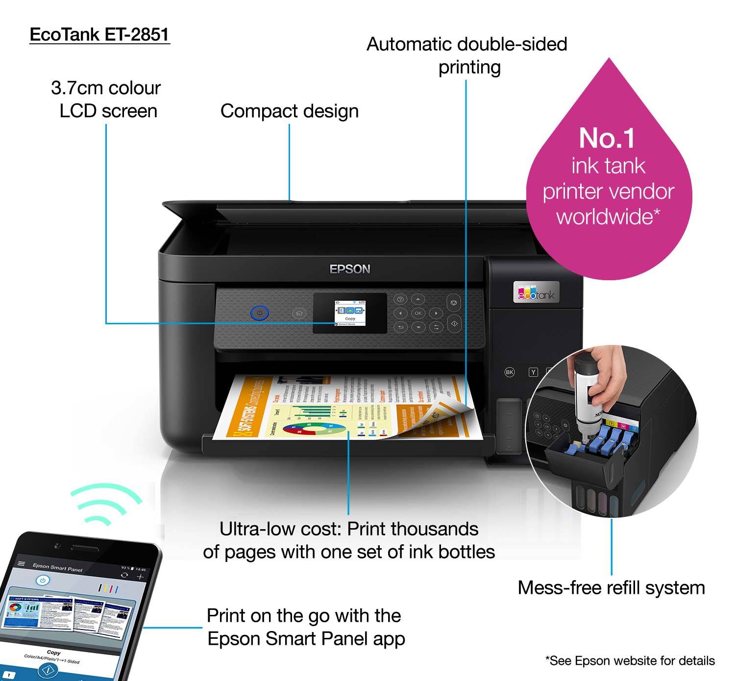 Epson EcoTank ET-2851 A4 multifunctionele Wi-Fi-printer met inkttank, inclusief tot 3 jaar inkt