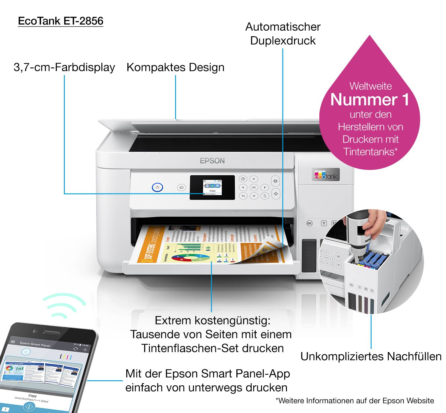 Epson EcoTank ET-2856 A4 multifunctionele Wi-Fi-printer met inkttank, inclusief tot 3 jaar inkt