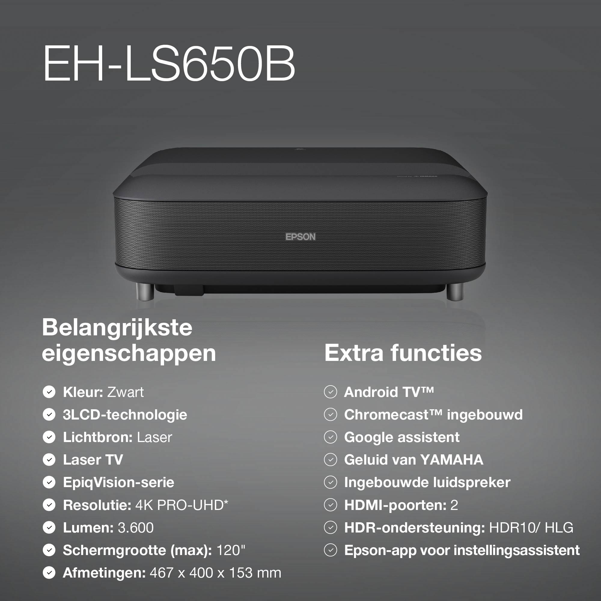 Epson EH-LS650B 4K PRO-UHD smart laserprojector, 3600 lumen, scherm van maximaal 120 inch