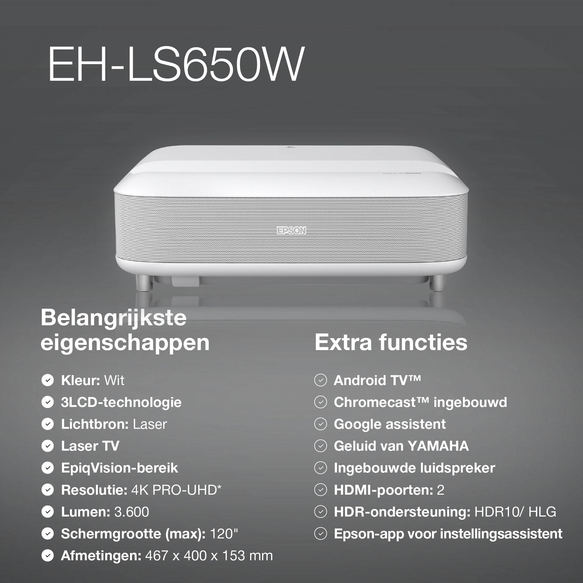 Epson EH-LS650W 4K PRO-UHD smart laserprojector, 3600 lumen, scherm van maximaal 120 inch