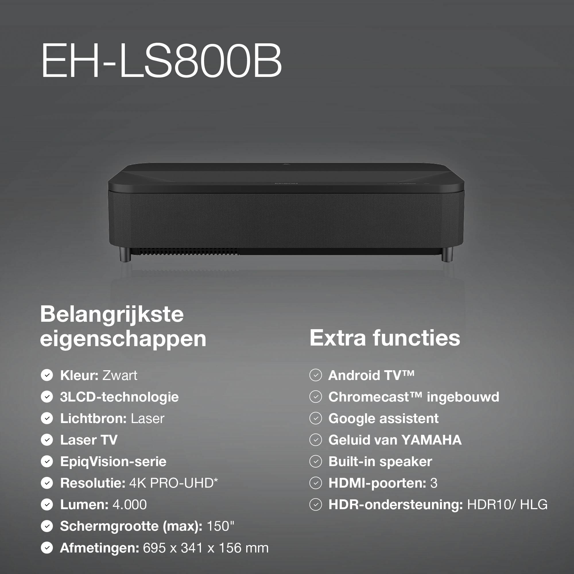 Epson EH-LS800B 4K PRO-UHD smart laserprojector, 4000 lumen, scherm van maximaal 150 inch