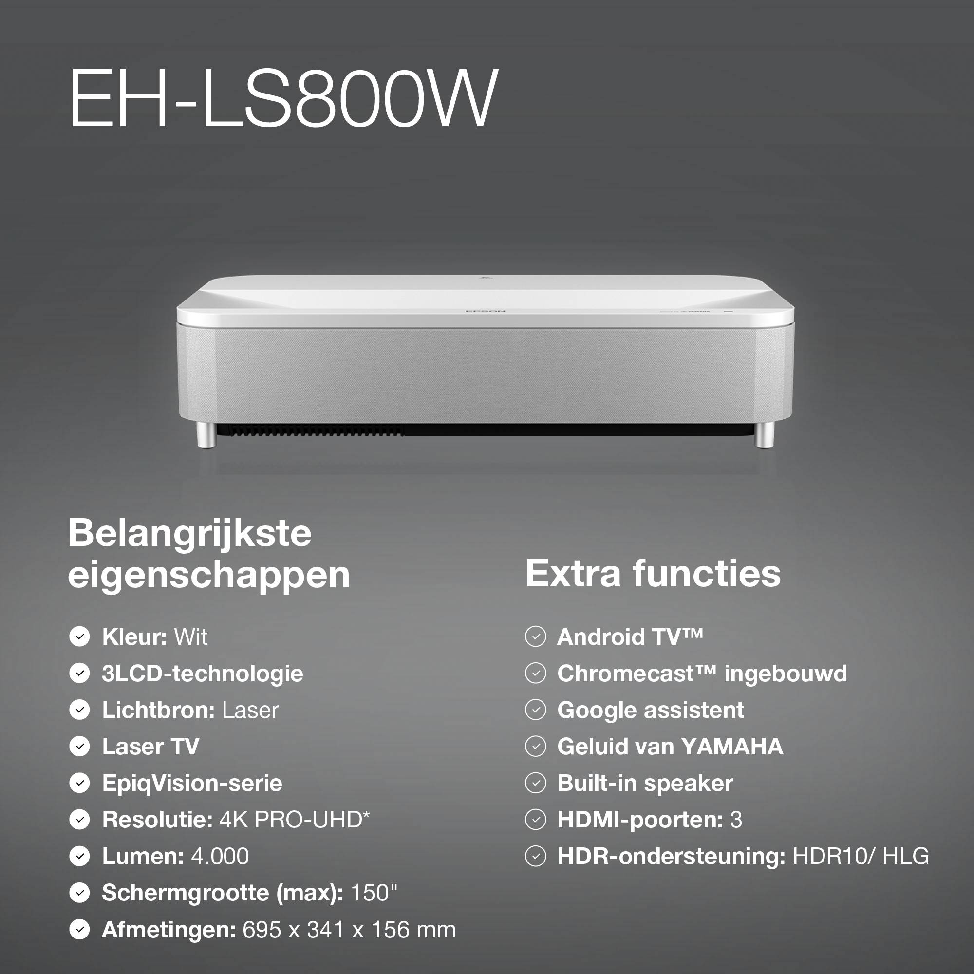 Epson EH-LS800W 4K PRO-UHD smart laserprojector, 4000 lumen, scherm van maximaal 150 inch