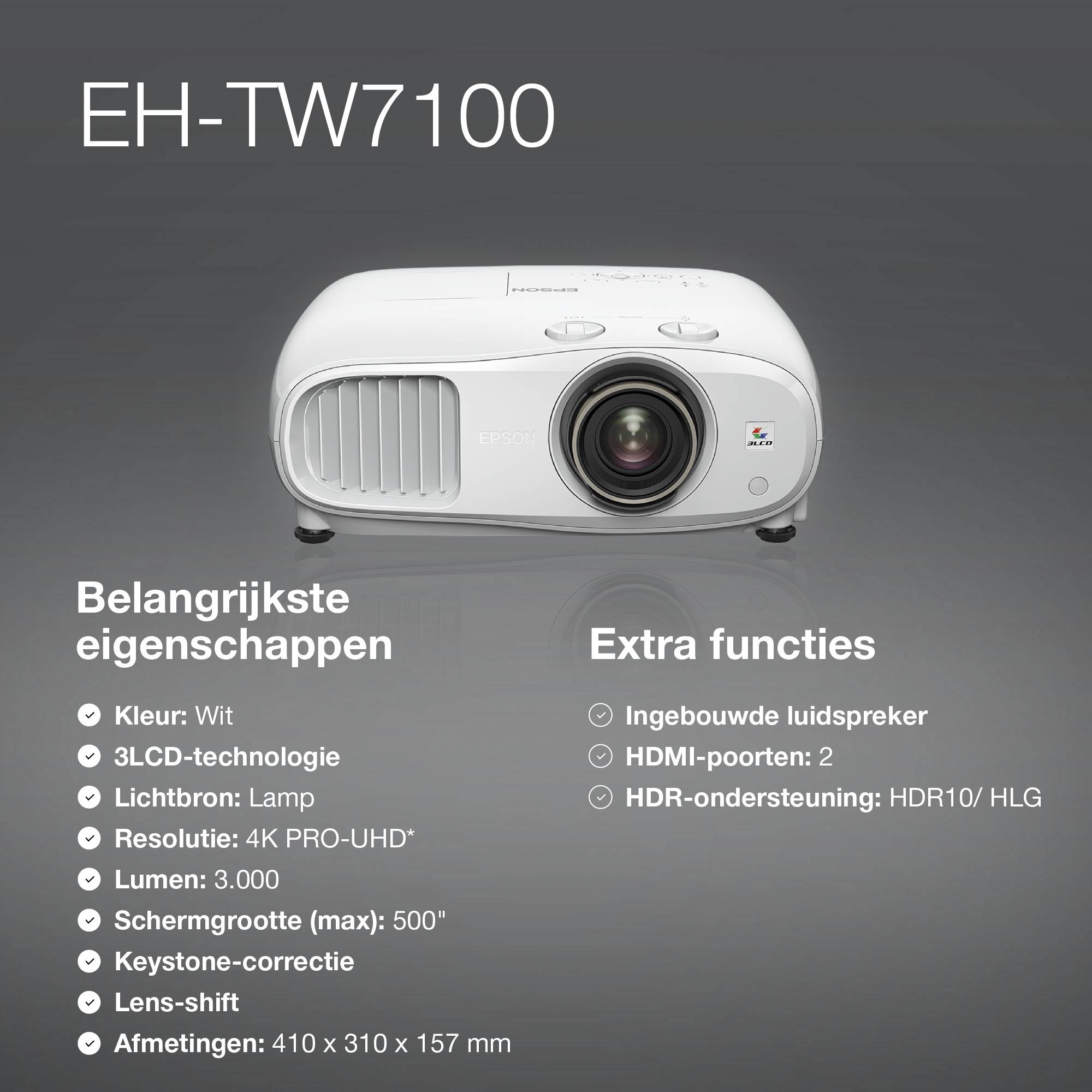 Epson EH-TW7100 4K PRO-UHD-projector, 3000 lumen, scherm van maximaal 500 inch