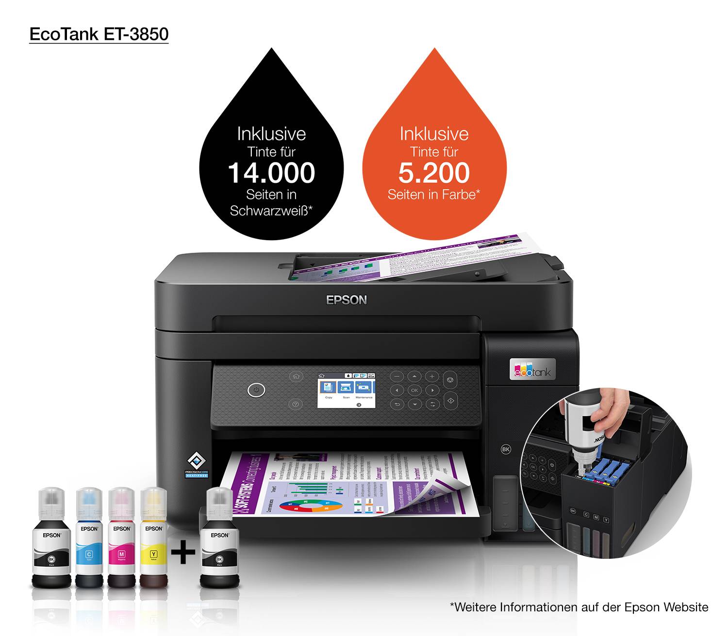 Epson EcoTank ET-3850 A4 multifunctionele Wi-Fi-printer met inkttank, inclusief tot 3 jaar inkt