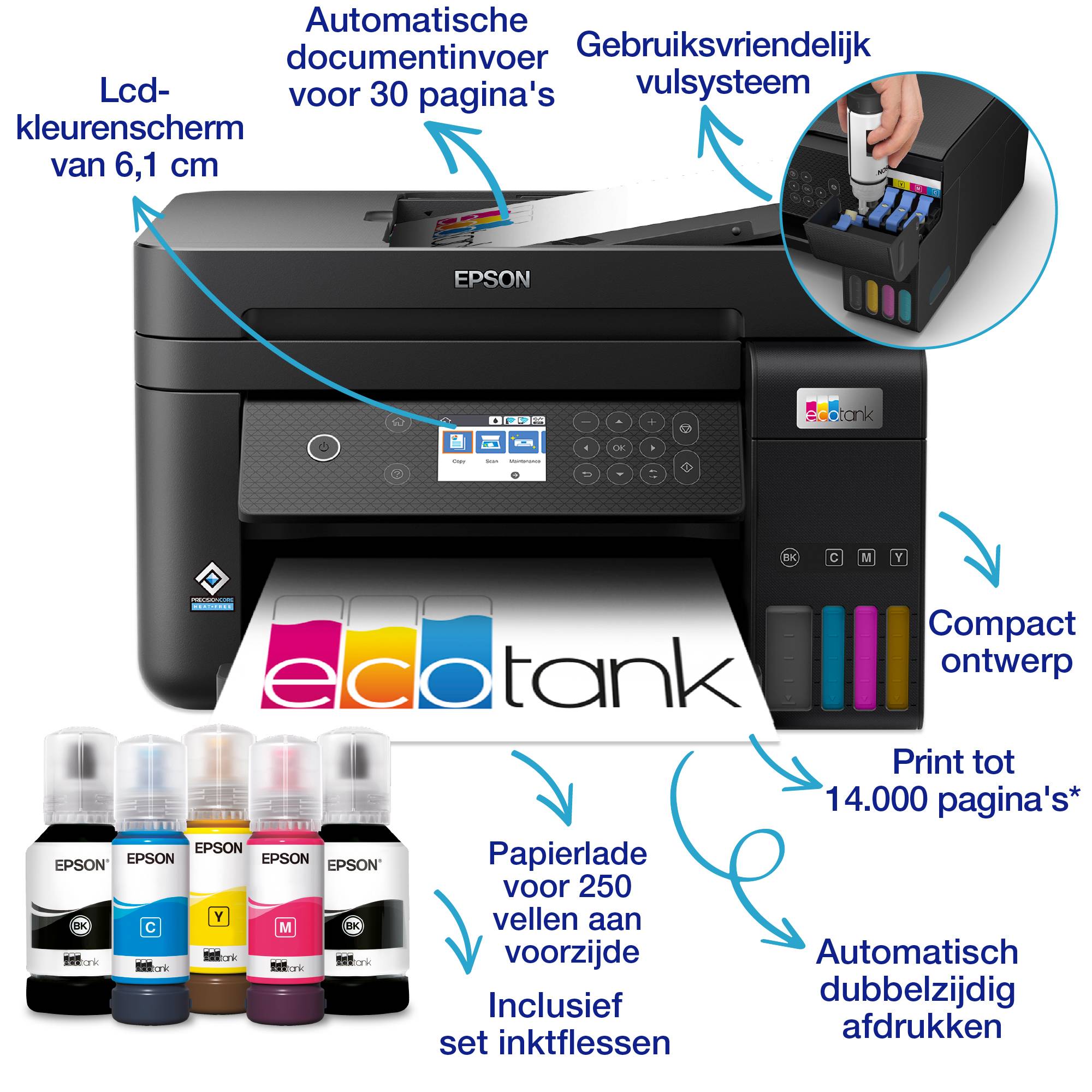 Epson EcoTank ET-3850 A4 multifunctionele Wi-Fi-printer met inkttank, inclusief tot 3 jaar inkt