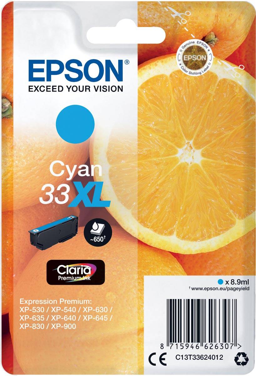 Epson inktcartridge 33XL, 650 pagina's, OEM C13T33624012, cyaan