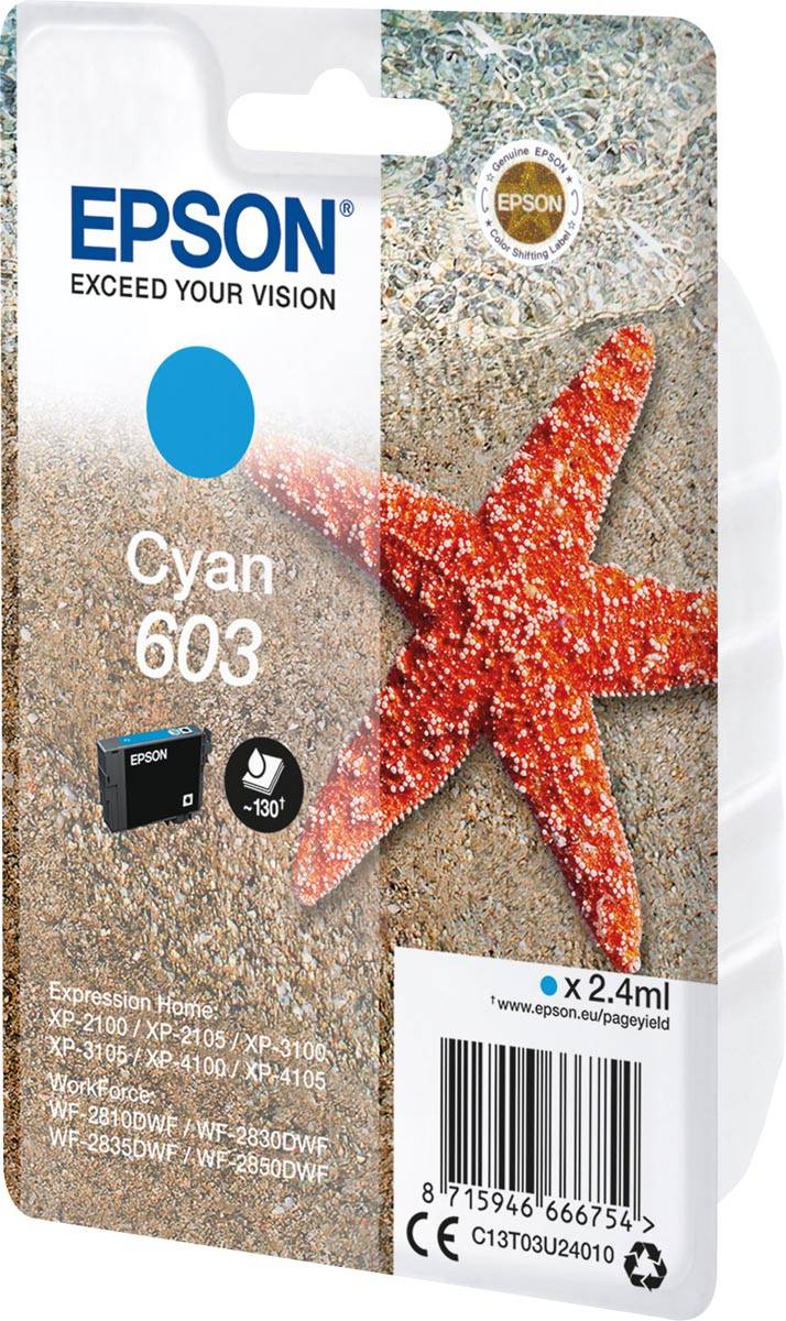 Epson inktcartridge 603, 130 pagina's, OEM C13T03U24010, cyaan