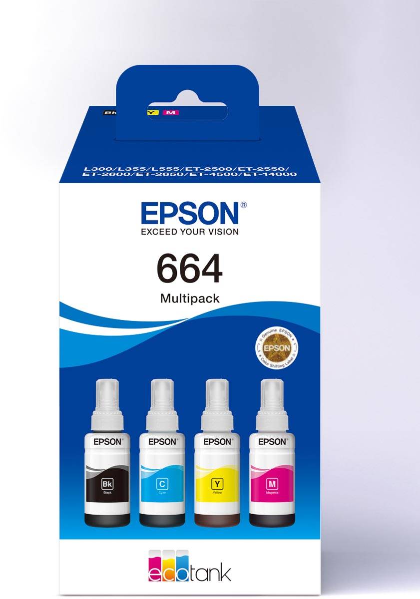 Epson inktfles 664, 4.500 - 7.500 pagina's, OEM C13T664640, 4 kleuren