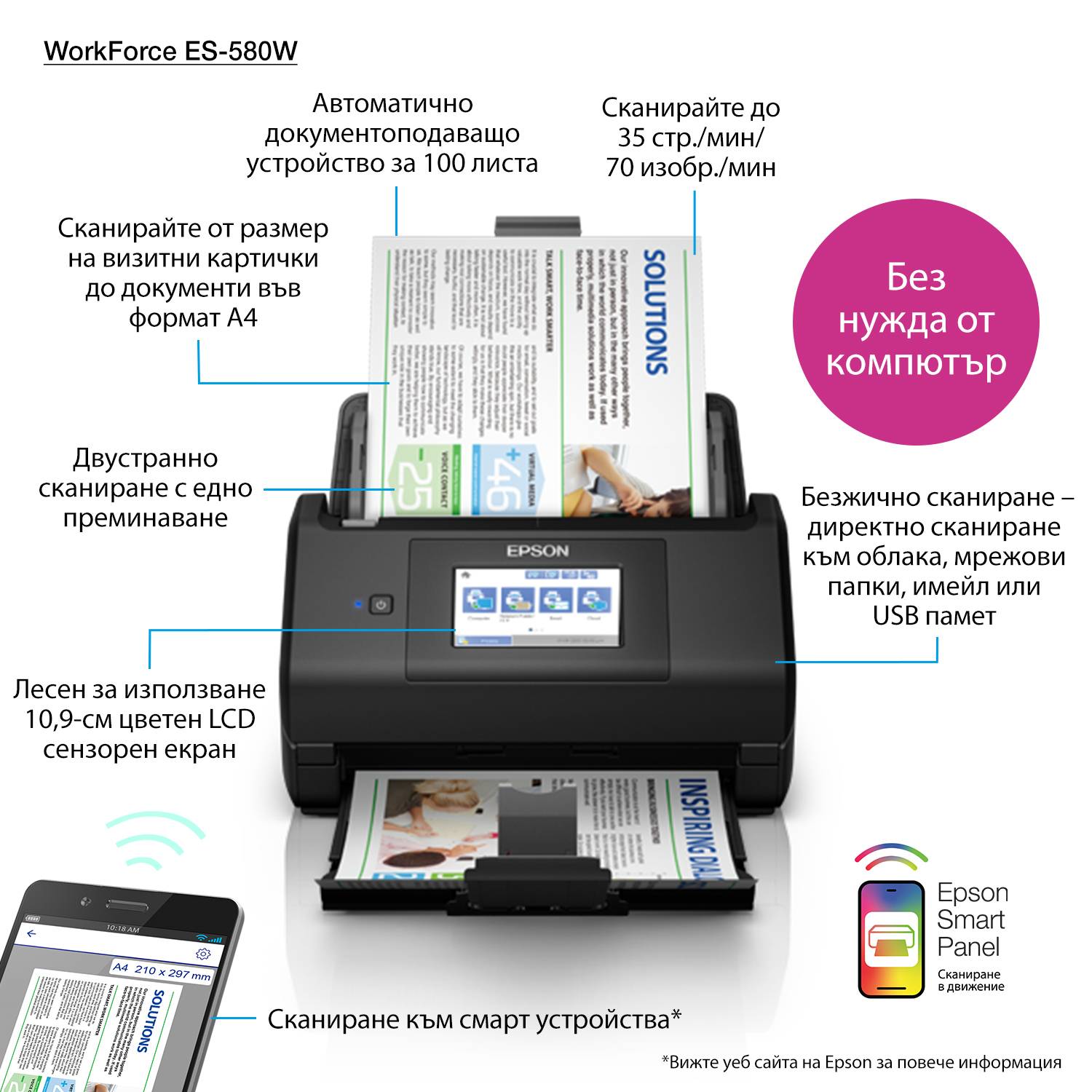 Epson WorkForce ES-580W, A4 automatische duplexscanner met Wi-Fi en gebruiksvriendelijk touchscreen