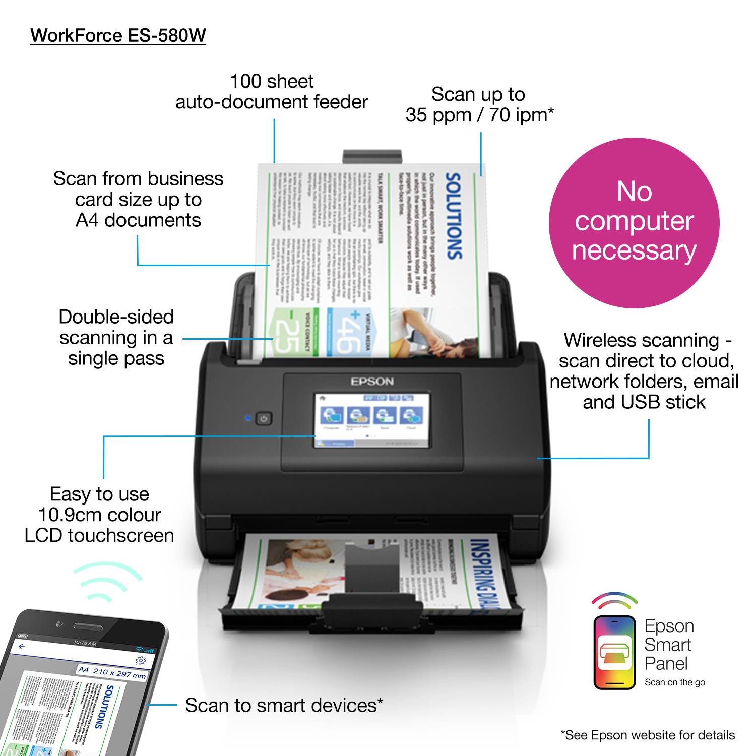 Epson WorkForce ES-580W, A4 automatische duplexscanner met Wi-Fi en gebruiksvriendelijk touchscreen