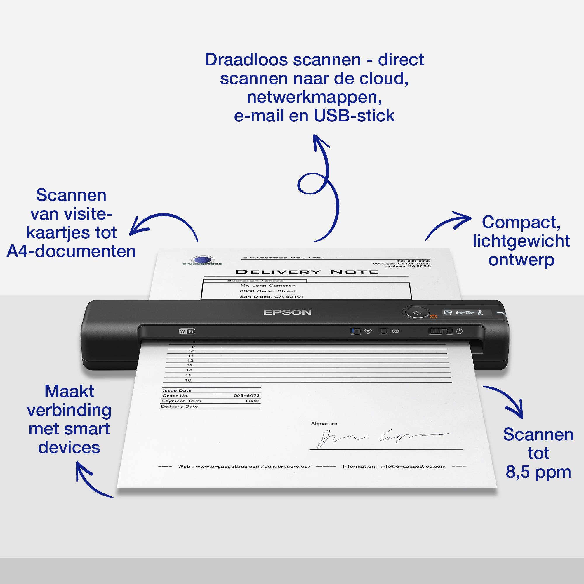 Epson WorkForce ES-60W, snelle draadloze mobiele A4-scanner met Wi-Fi-connectiviteit, ScanSmart-technologie en LCD-scherm