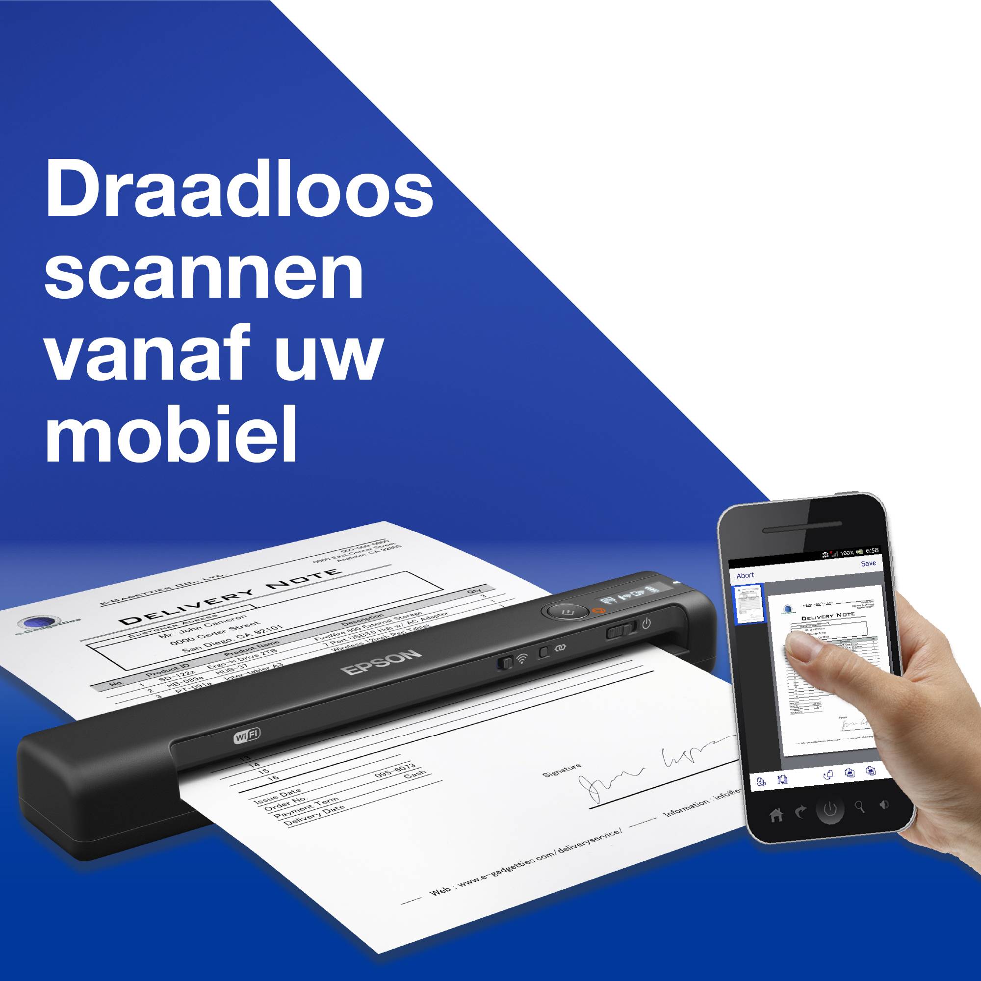 Epson WorkForce ES-60W, snelle draadloze mobiele A4-scanner met Wi-Fi-connectiviteit, ScanSmart-technologie en LCD-scherm