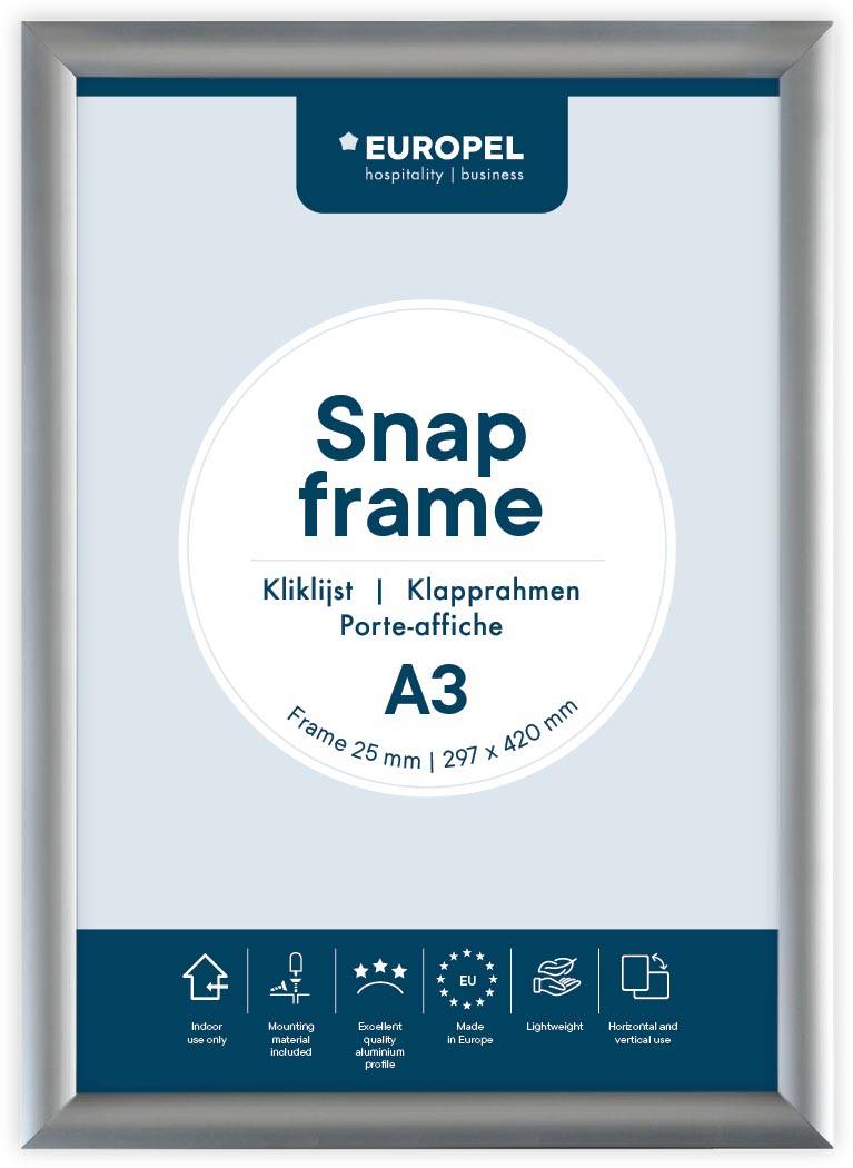 Europel clicklijst, lijst 25mm A3, zilverkleurig posterframe