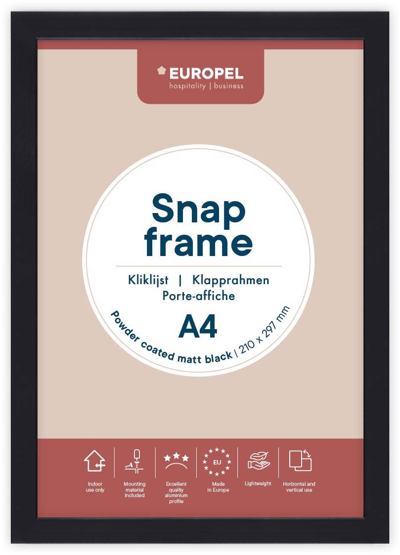 Europel clicklijst, lijst 25mm A4, mat zwart posterframe