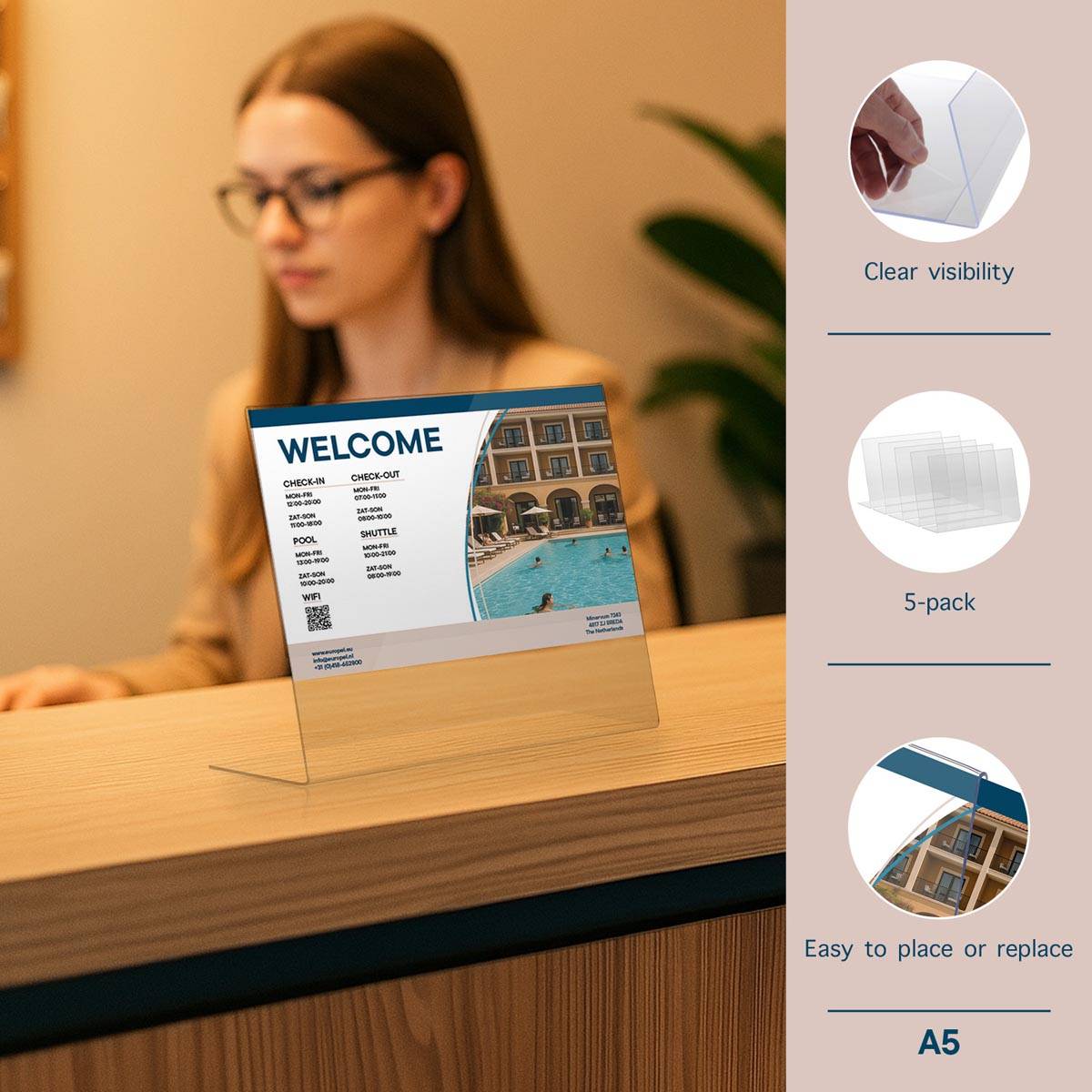 Europel folderhouder Budget, met L-voet, ft A5, liggend, pak van 5 stuks