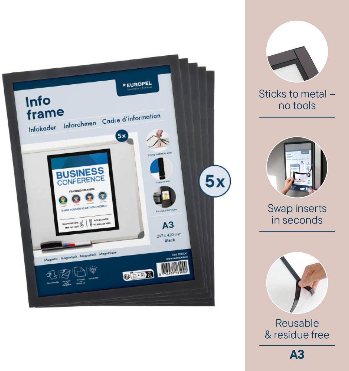 Europel magnetisch kader, zwart, ft A3, pak van 5 stuks