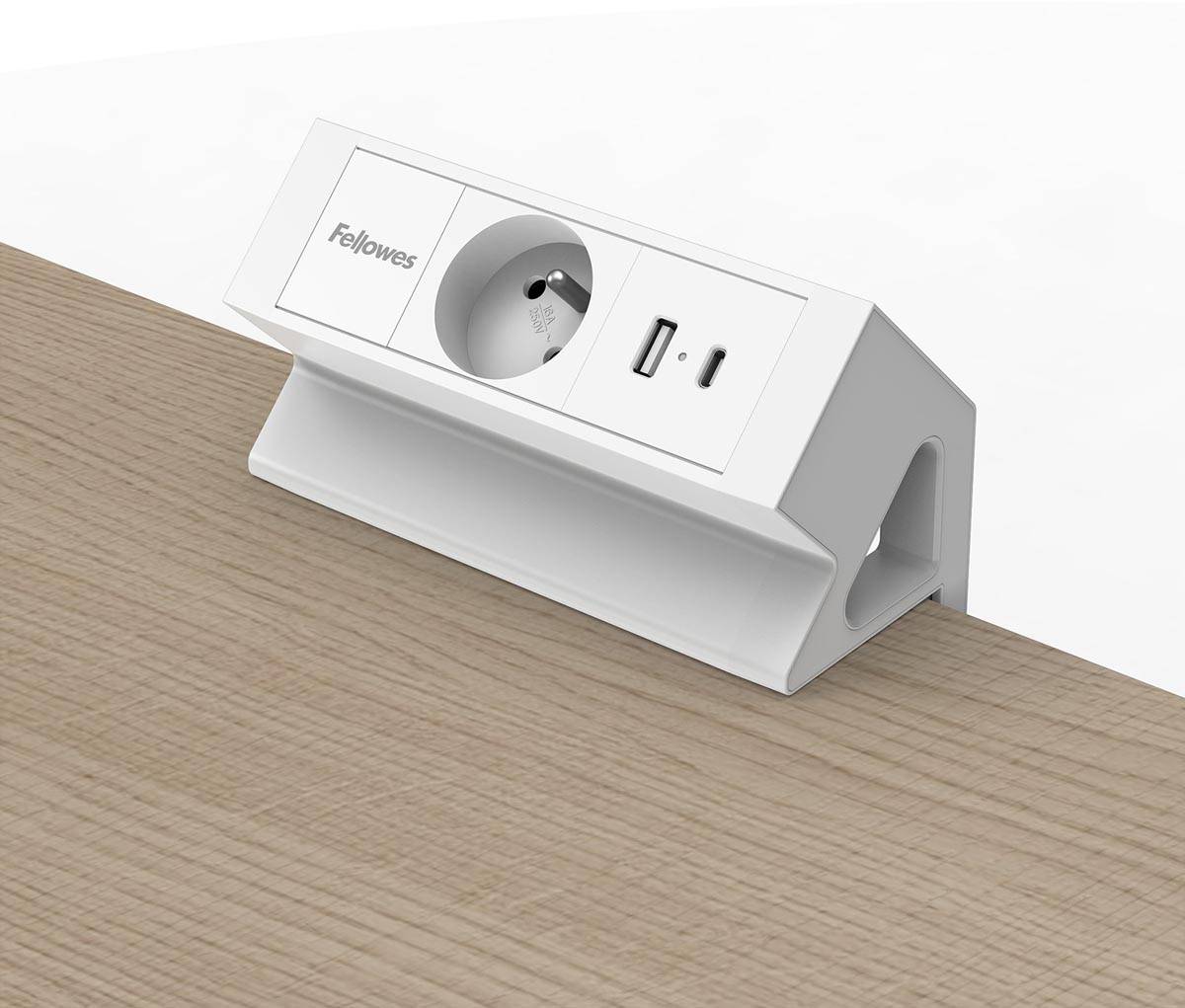 Fellowes contactdoos Power Desk, 1 stopcontact + 1 x USB-A + 1 x USB-C, wit, voor België