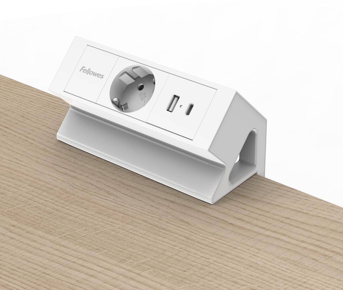 Fellowes contactdoos Power Desk, 1 stopcontact + 1 x USB-A + 1 x USB-C, wit, voor Nederland