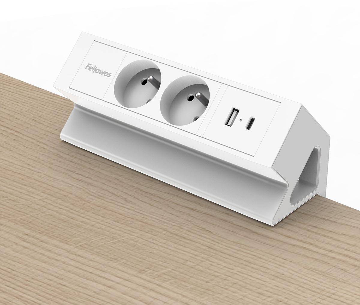 Fellowes contactdoos Power Desk 2, 2 stopcontacten + 1 x USB-A + 1 x USB-C, wit, voor België