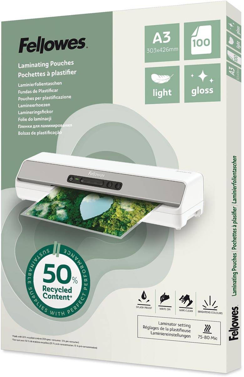 Fellowes lamineerhoes 50 % gerecycleerd, glanzend, ft A3, pak van 100 stuks