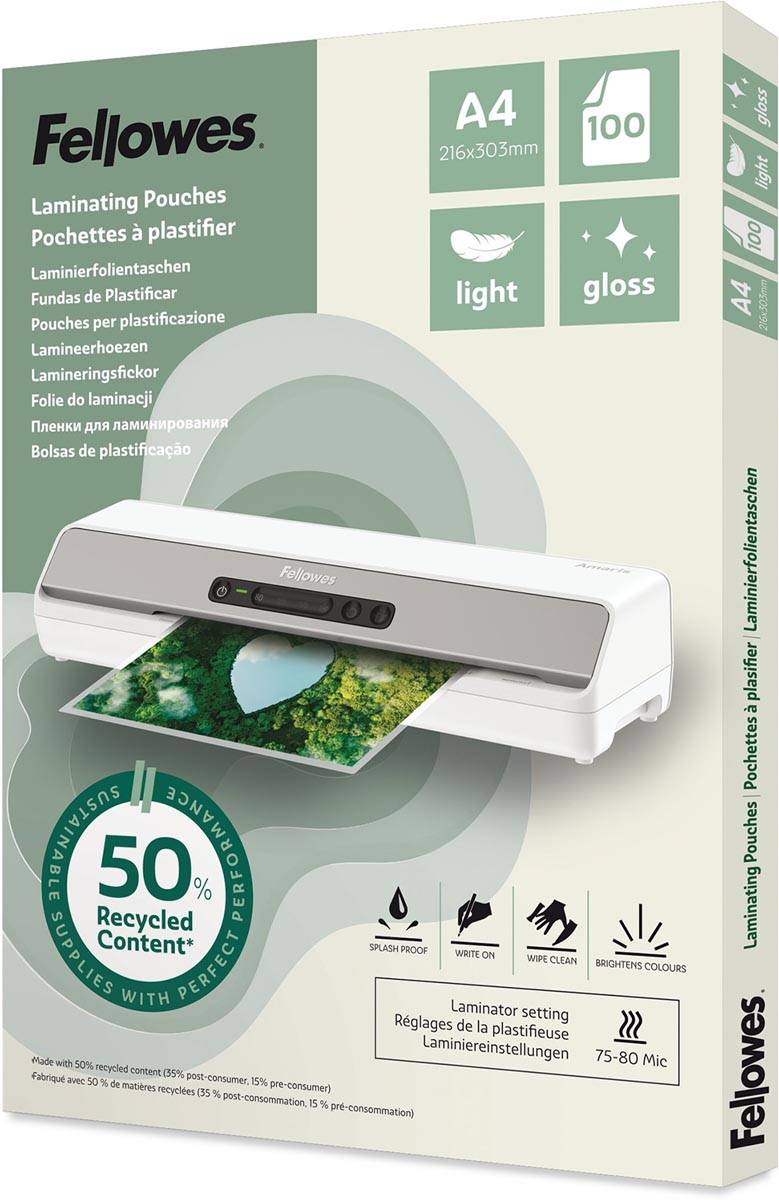 Fellowes lamineerhoes 50 % gerecycleerd, glanzend, ft A4, pak van 100 stuks