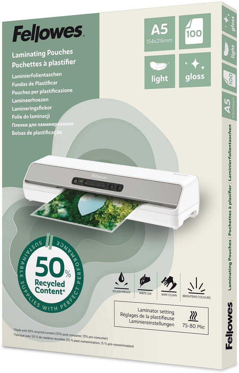Fellowes lamineerhoes 50 % gerecycleerd, glanzend, ft A5, pak van 100 stuks