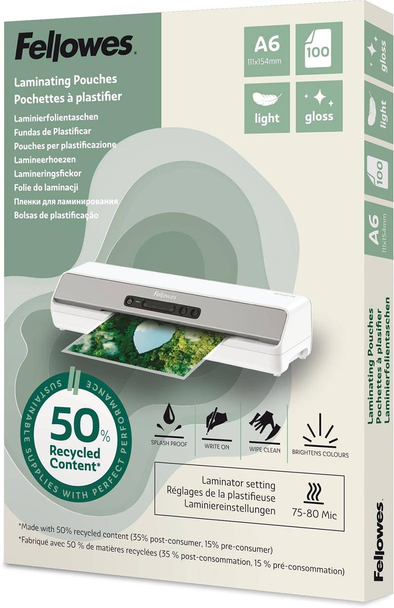 Fellowes lamineerhoes 50 % gerecycleerd, glanzend, ft A6, pak van 100 stuks