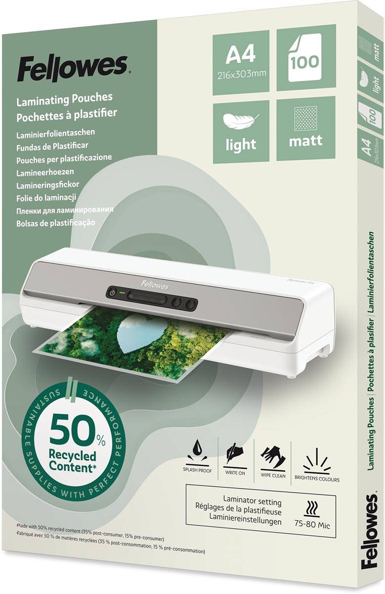 Fellowes lamineerhoes 50 % gerecycleerd, mat, ft A4, pak van 100 stuks